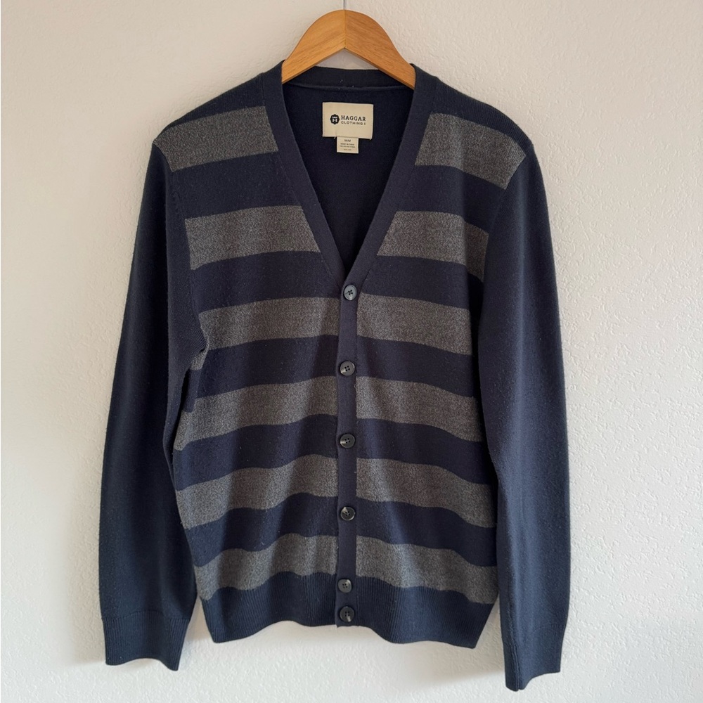 Size M Men's Haggar Clothing Navy and Gray Striped Cardigan Sweater